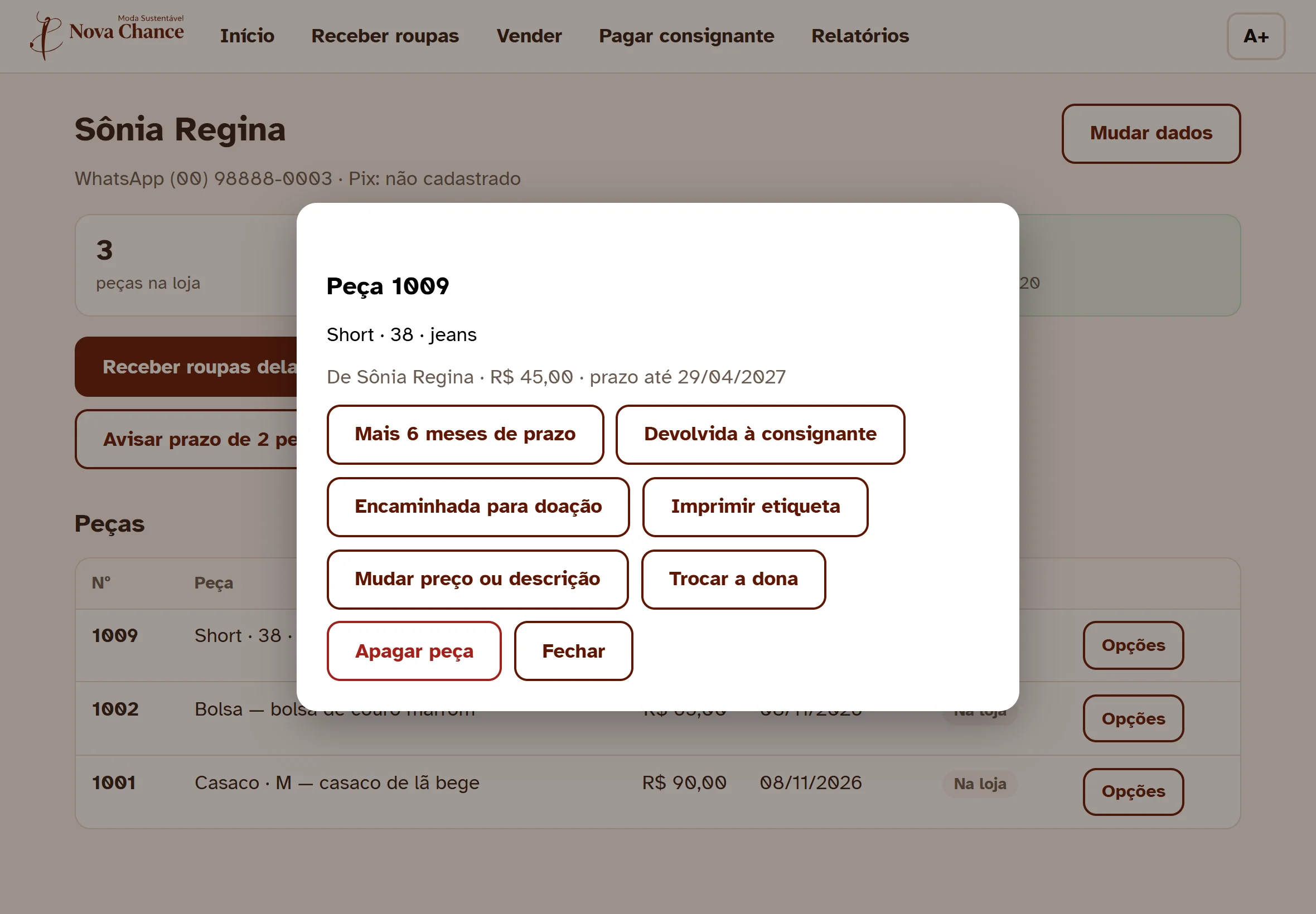 Opções da peça
