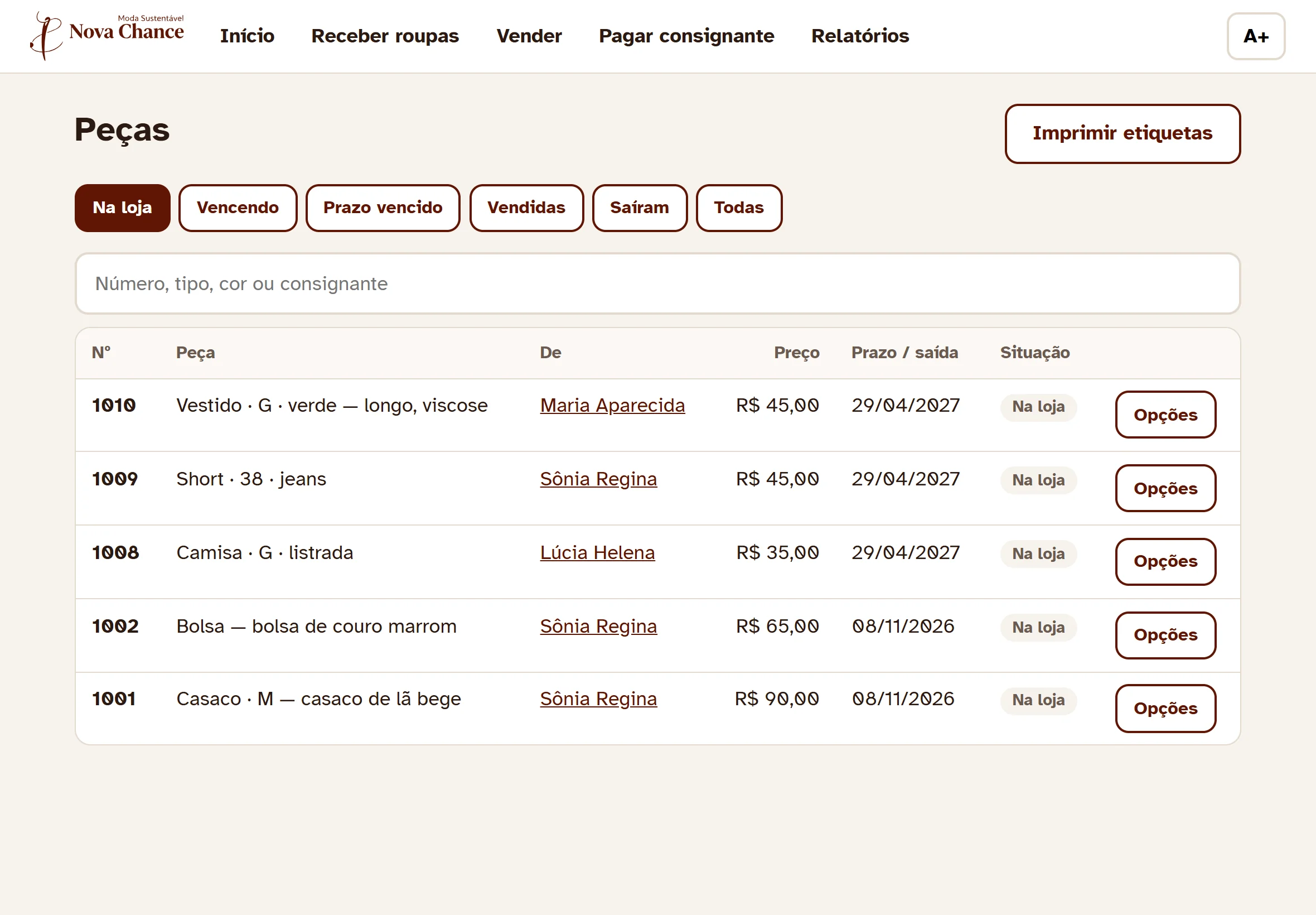 Lista de peças